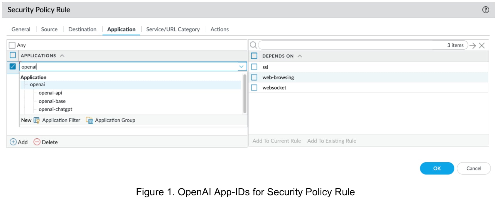 Security policy rule for managing ChatGPT traffic.