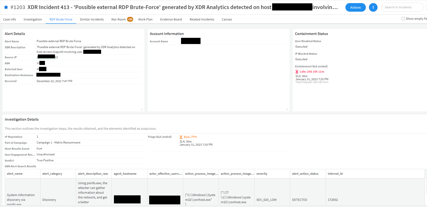 Image 5: Incident Layout for RDP Brute Force Alert