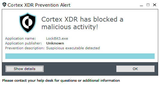 Figure 9. End user notification for blocking the LockBit 3.0 execution