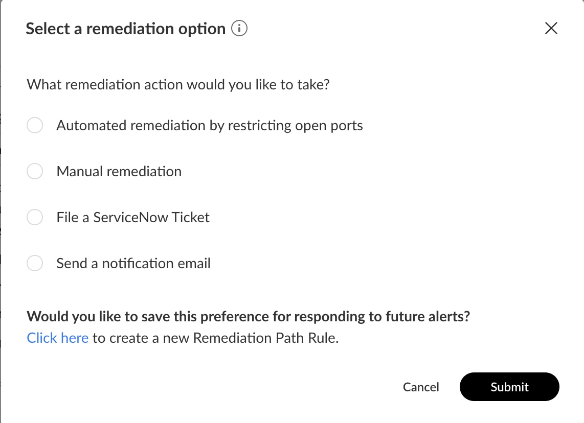 Figure 2: Xpanse automatically generates a playbook with options to remediate an exposure, including options to ‘File a ServiceNow Ticket’ or ‘Send a notification email’ to the identified asset owner.