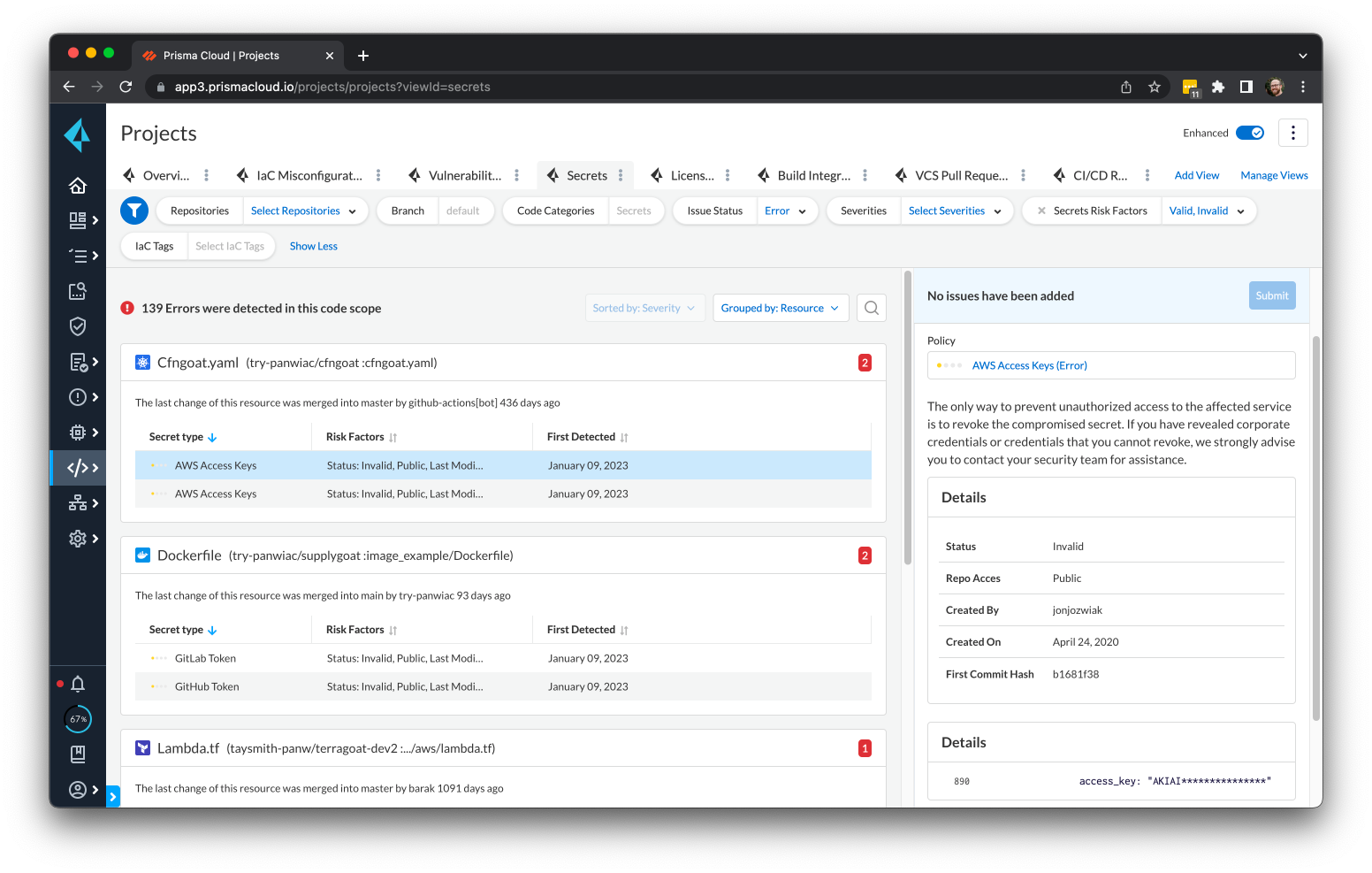 And when you use the Prisma Cloud platform via the Projects screen, you can monitor your repositories in real time to get information about detected secrets and each secret’s detailed risk posture.