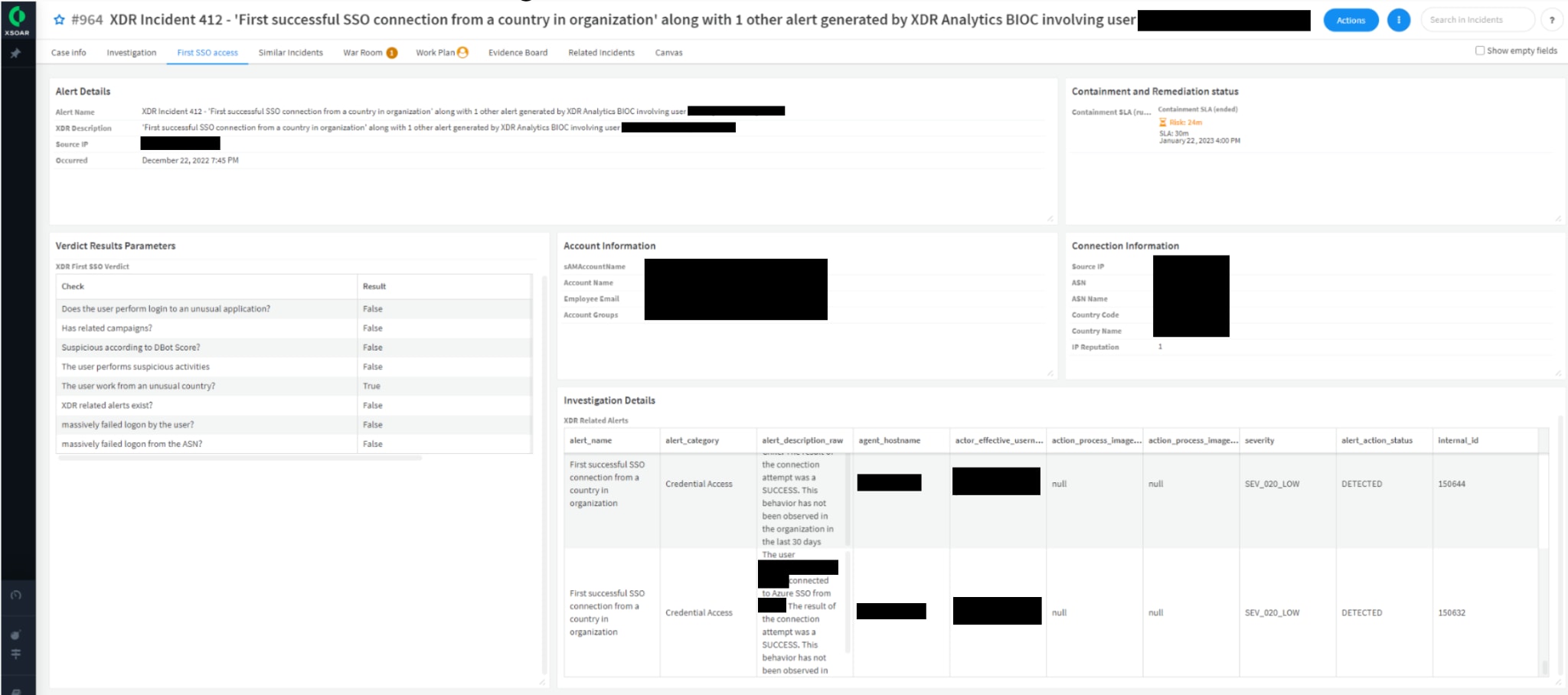 Incident Layout for First SSO Access Alert