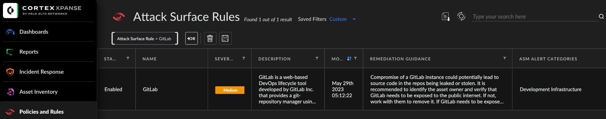 Figure 1: Xpanse’s Security Research Team published an Attack Surface Rule for GitLab as soon as the CVE was released, allowing for real-time visibility and monitoring of impacted assets.