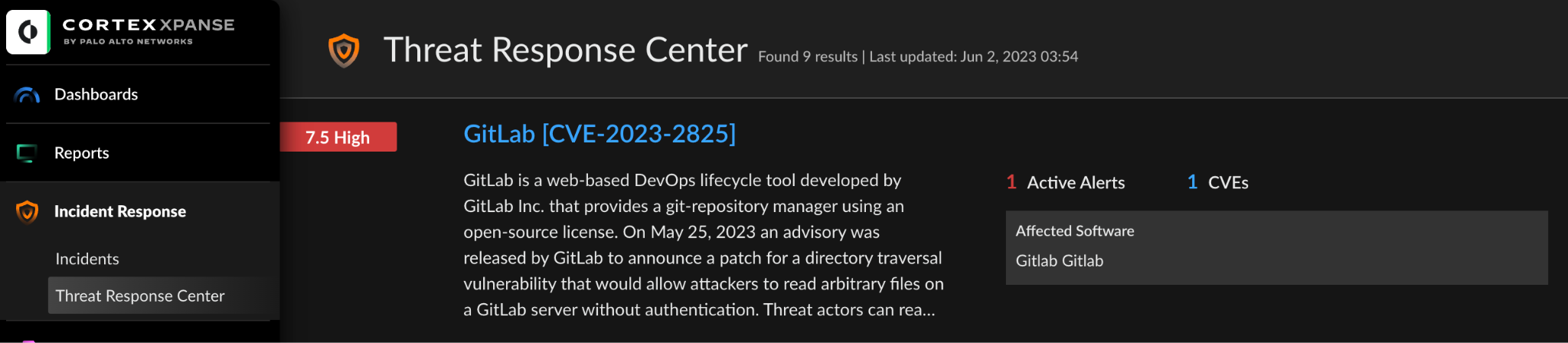 Figure 2: A new threat event was added to Expander’s Threat Response Center, centralizing the alerts and incidents related to CVE-2023-2825 and other critical information to help users respond to this threat efficiently and effectively.