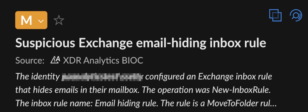 Figure 9. Suspicious Exchange email-hiding inbox rule alert in Cortex XDR
