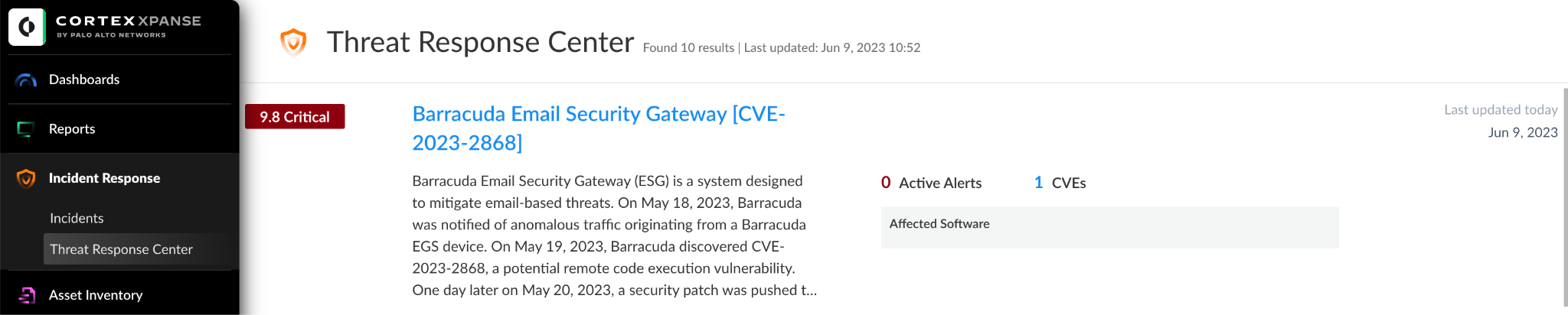 Figure 2: Information about CVE-2023-2868 is featured in a list of emergent and global threat events to quickly identify events that impact your organization.