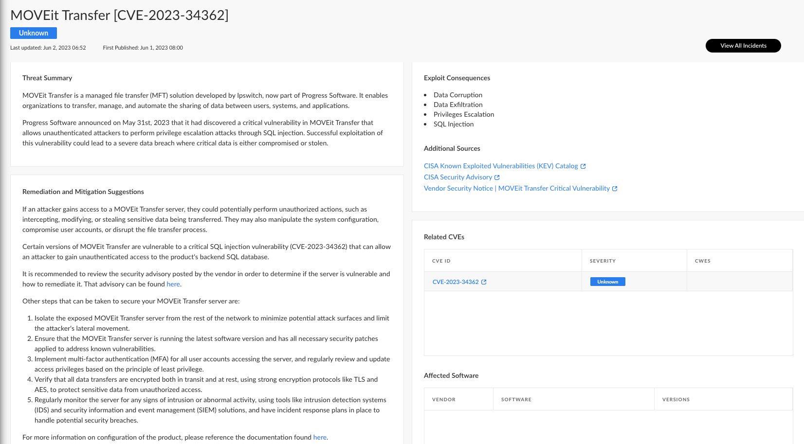 Figure 2. Xpanse’s Threat Response Center with new information on the MOVEit vulnerability as it is available