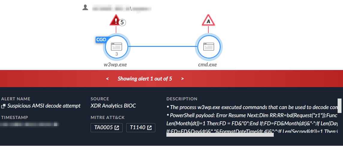 Figure 1. Detection of the Suspicious AMSI decode attempt, as shown in Cortex XDR.