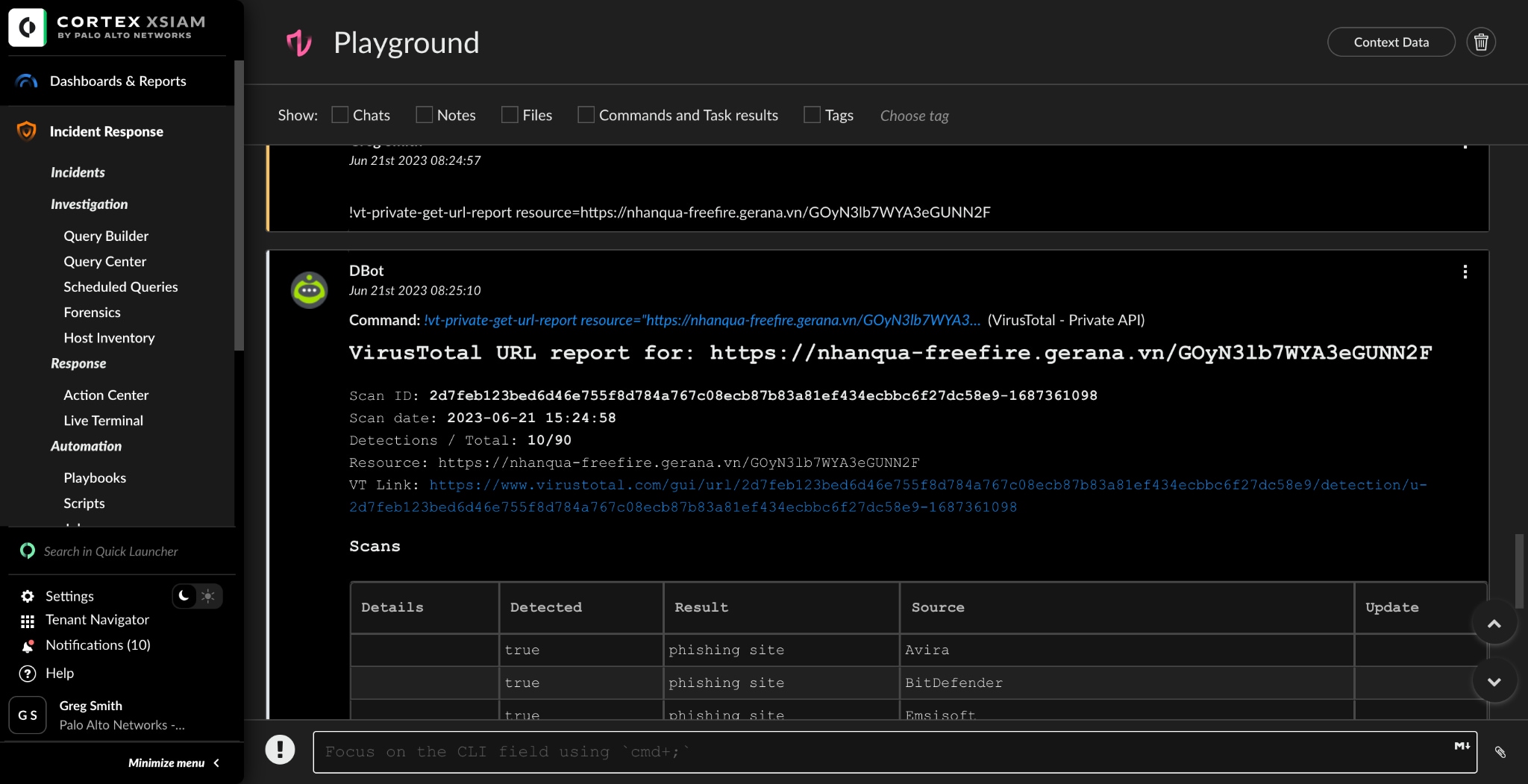 Figure 1: Rasterize command example to get a representation of a URL in question, and then VirusTotal test output on the same URL.