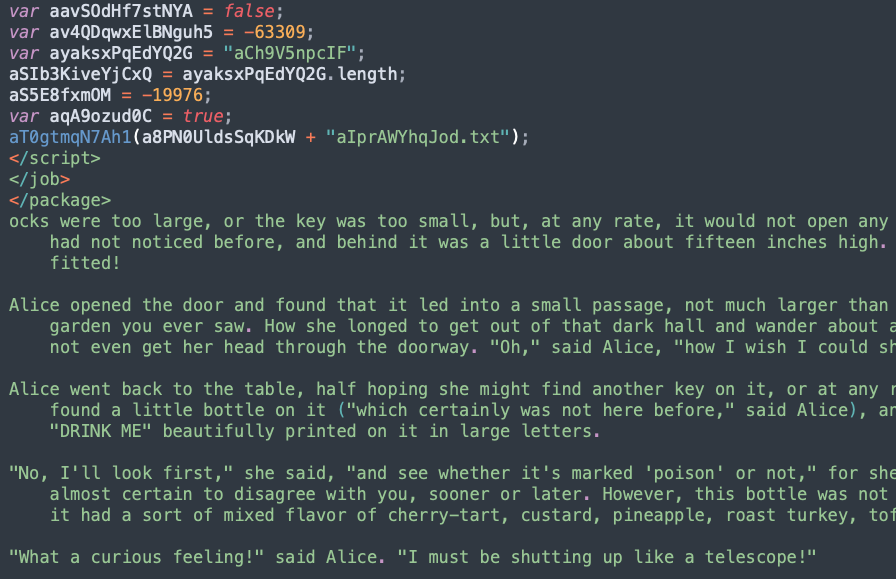Figure 8. Contents of the Windows script including a benign text from Alice in Wonderland