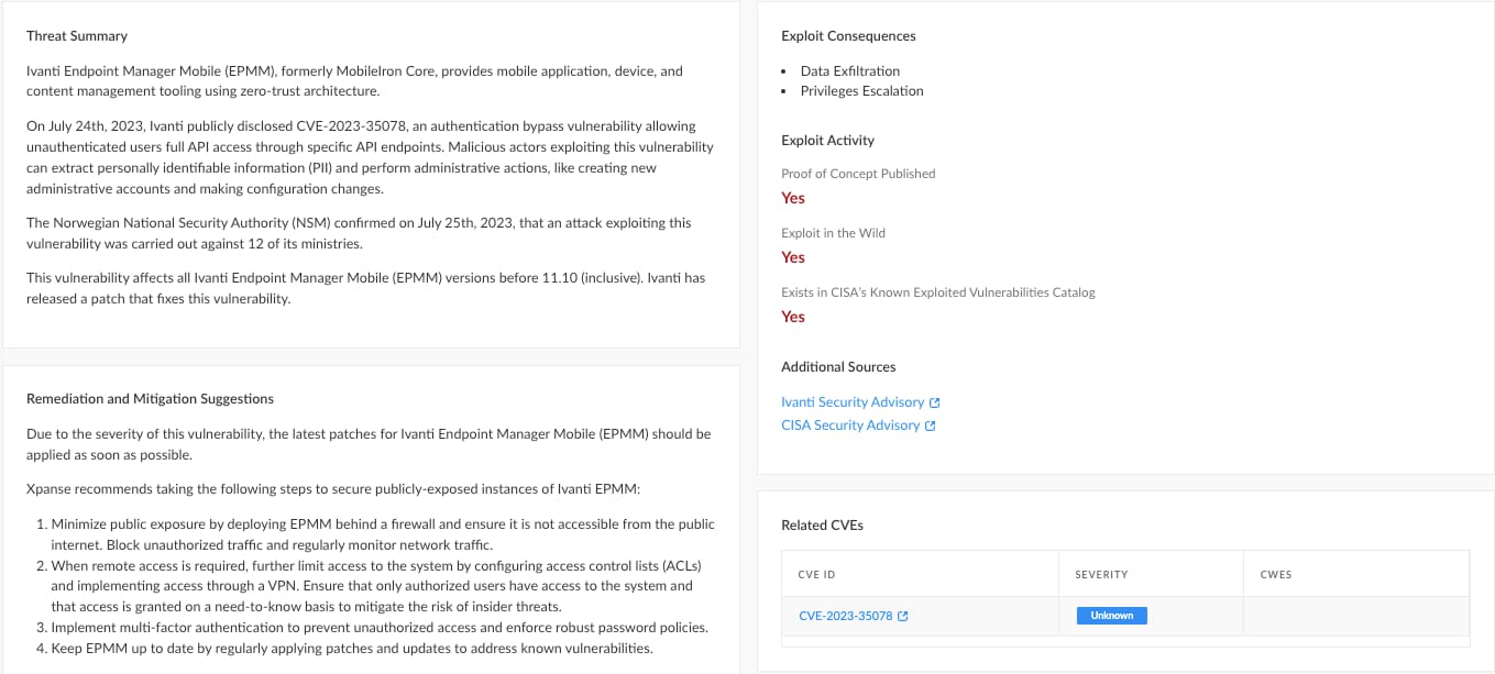 Fig 2: Expander was quick to release a detailed overview of the Ivanti Endpoint Manager CVE and relevant information about the threat.