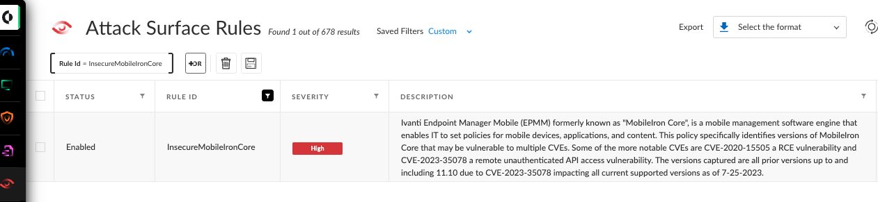 Fig 1: An Attack Surface Rule for ‘Insecure Ivanti Endpoint Manager Mobile’ looks for software affected by CVE-2023-35078.