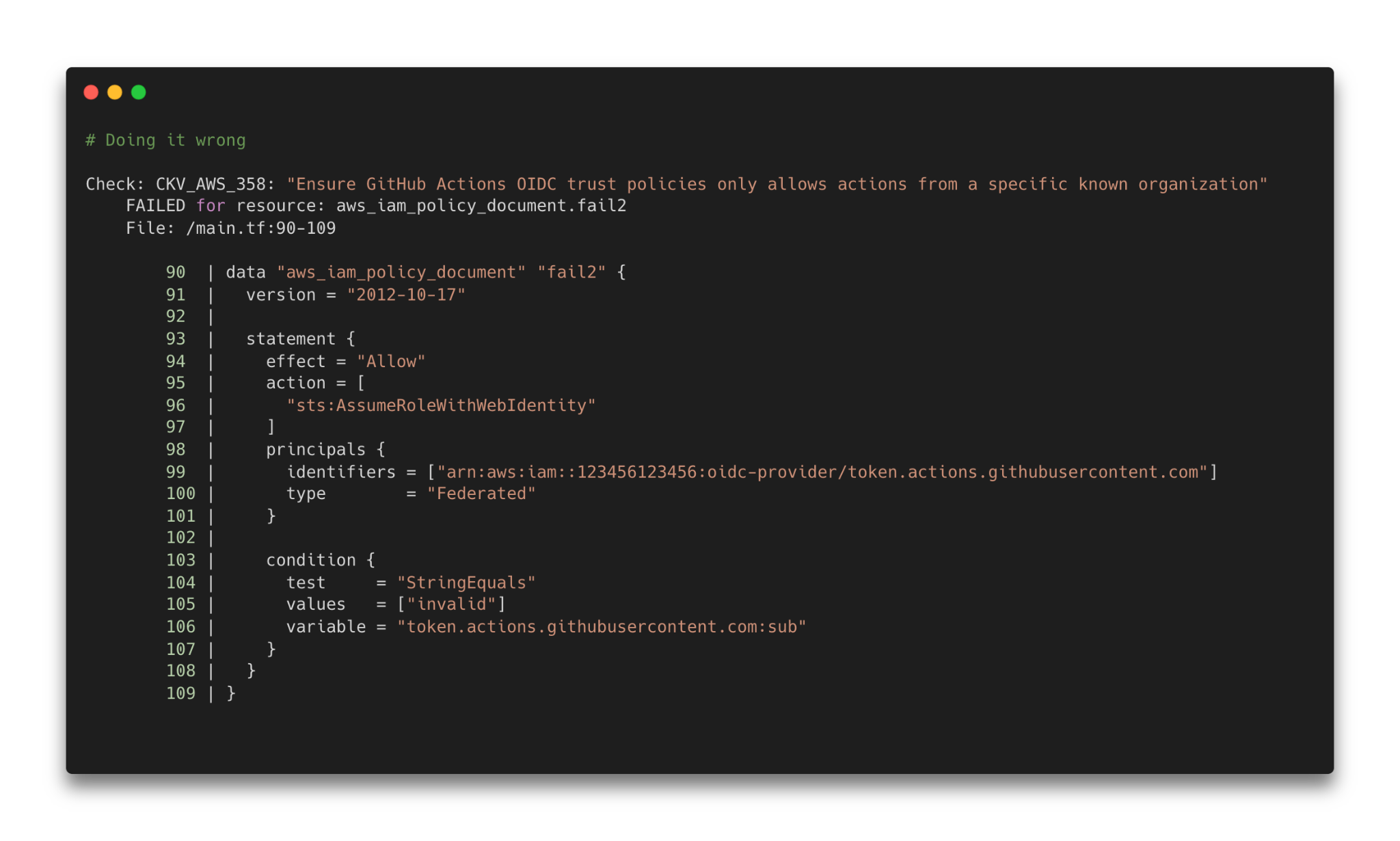 Checkov’s CLI output shows a failed scan, indicating a misconfiguration in your OIDC trust policies.