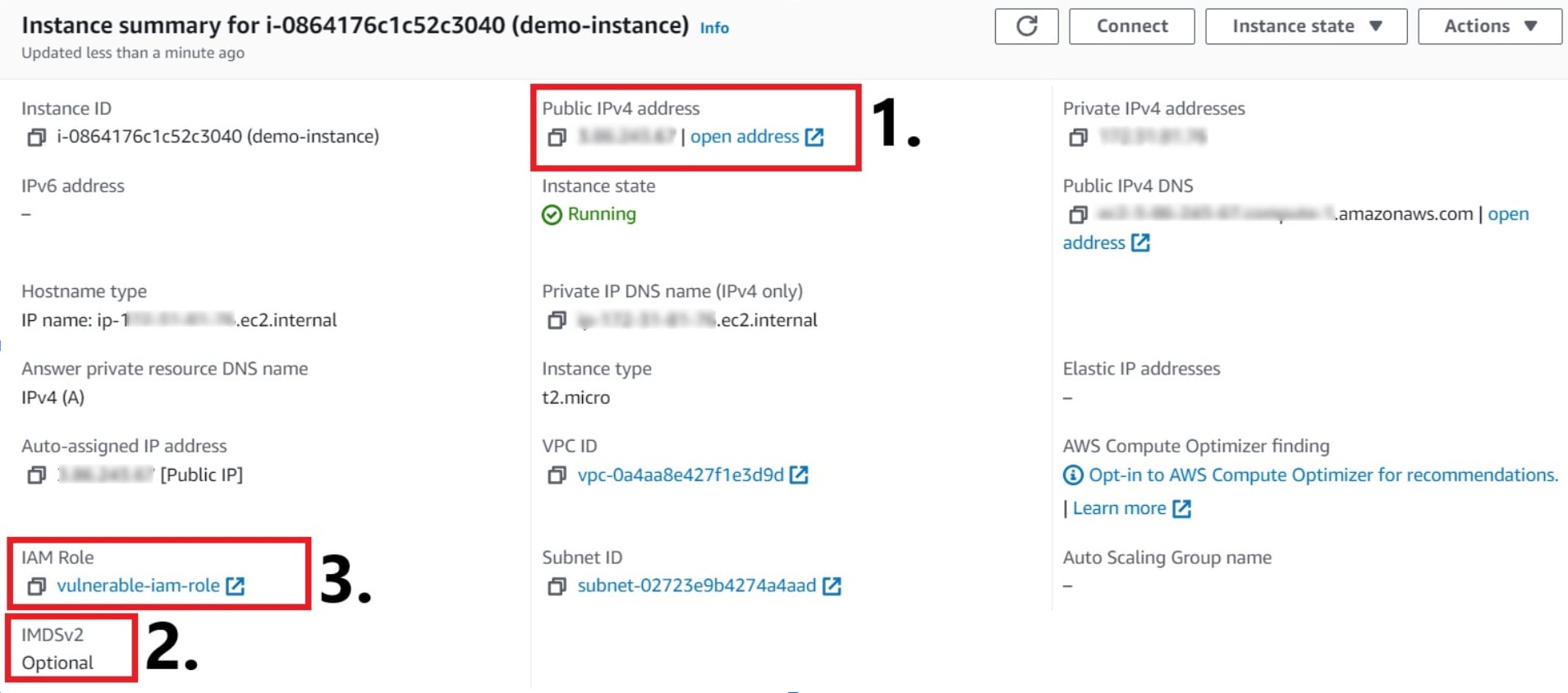 The AWS console shows an EC2 instance that has public access enabled and indicates that IMDSv2 is optional. There is also an overly-permissive IAM role attached to the EC2 instance. 