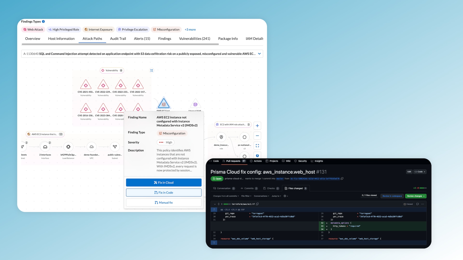 Code-to-Cloud Remediation enables you to easily fix issues in the cloud or open a pull request to fix the issue permanently in the code.