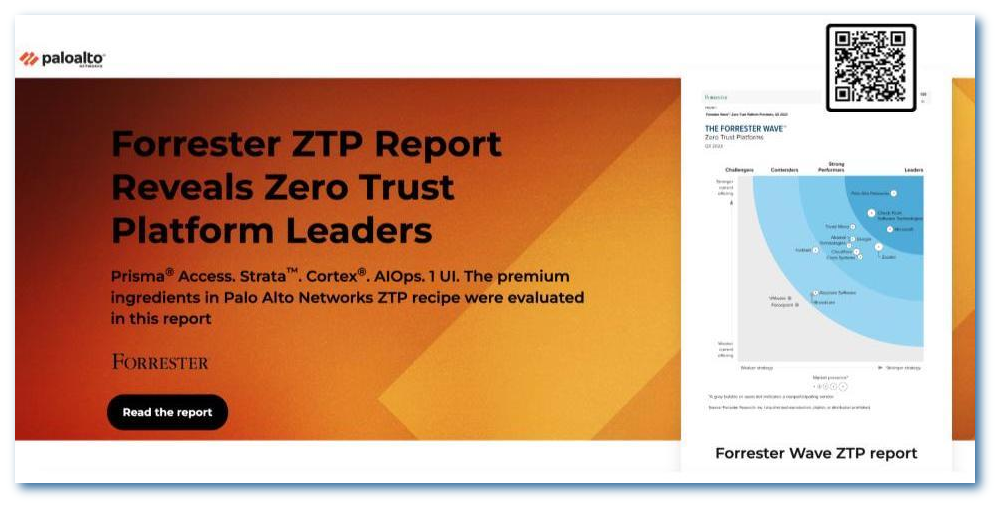 Headline of Forrester ZTP Report reveals Zero Trust platform leaders. 