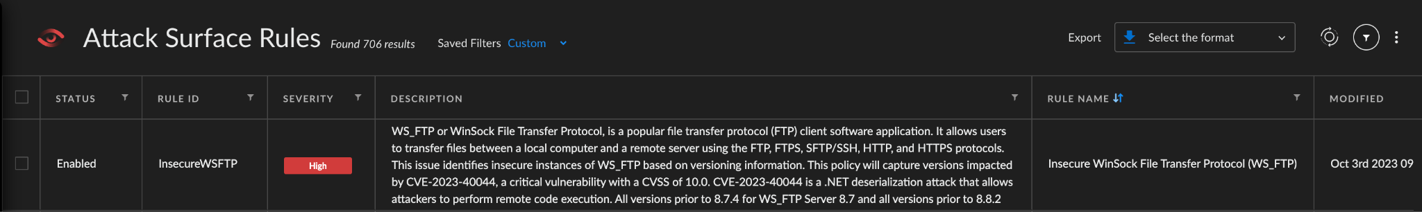 Fig 2: Attack Surface Rule for Insecure WinSock File Transfer Protocol (WS_FTP)