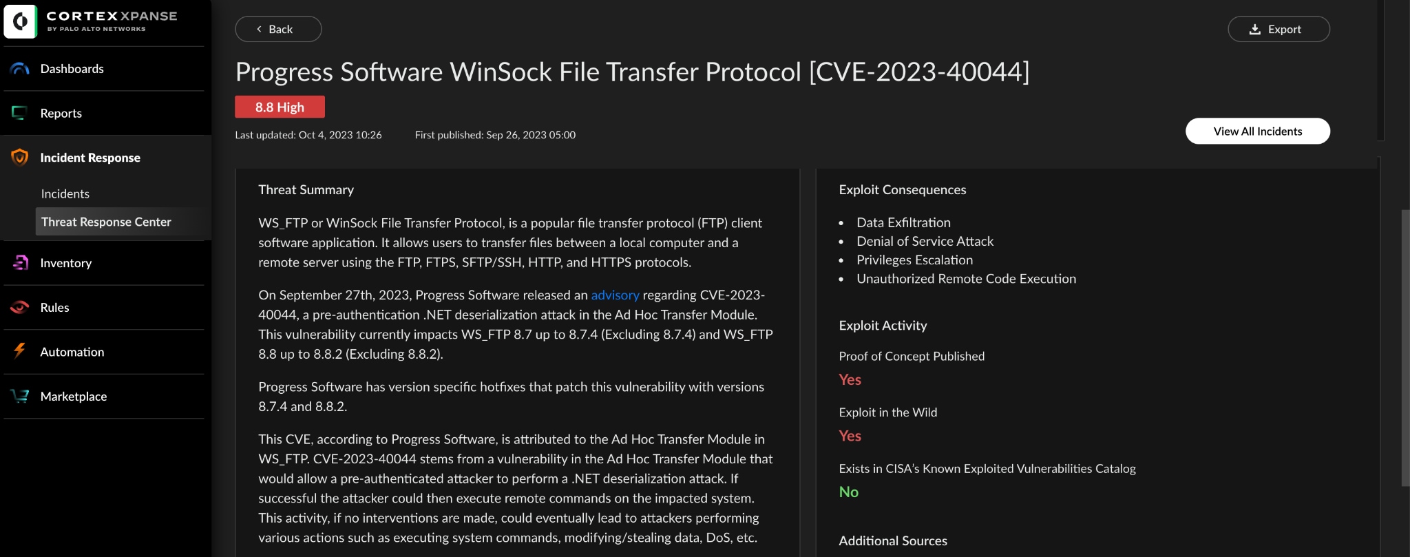 Fig 3: Threat Summary and Exploit Intelligence for Insecure WinSock File Transfer Protocol (WS_FTP)