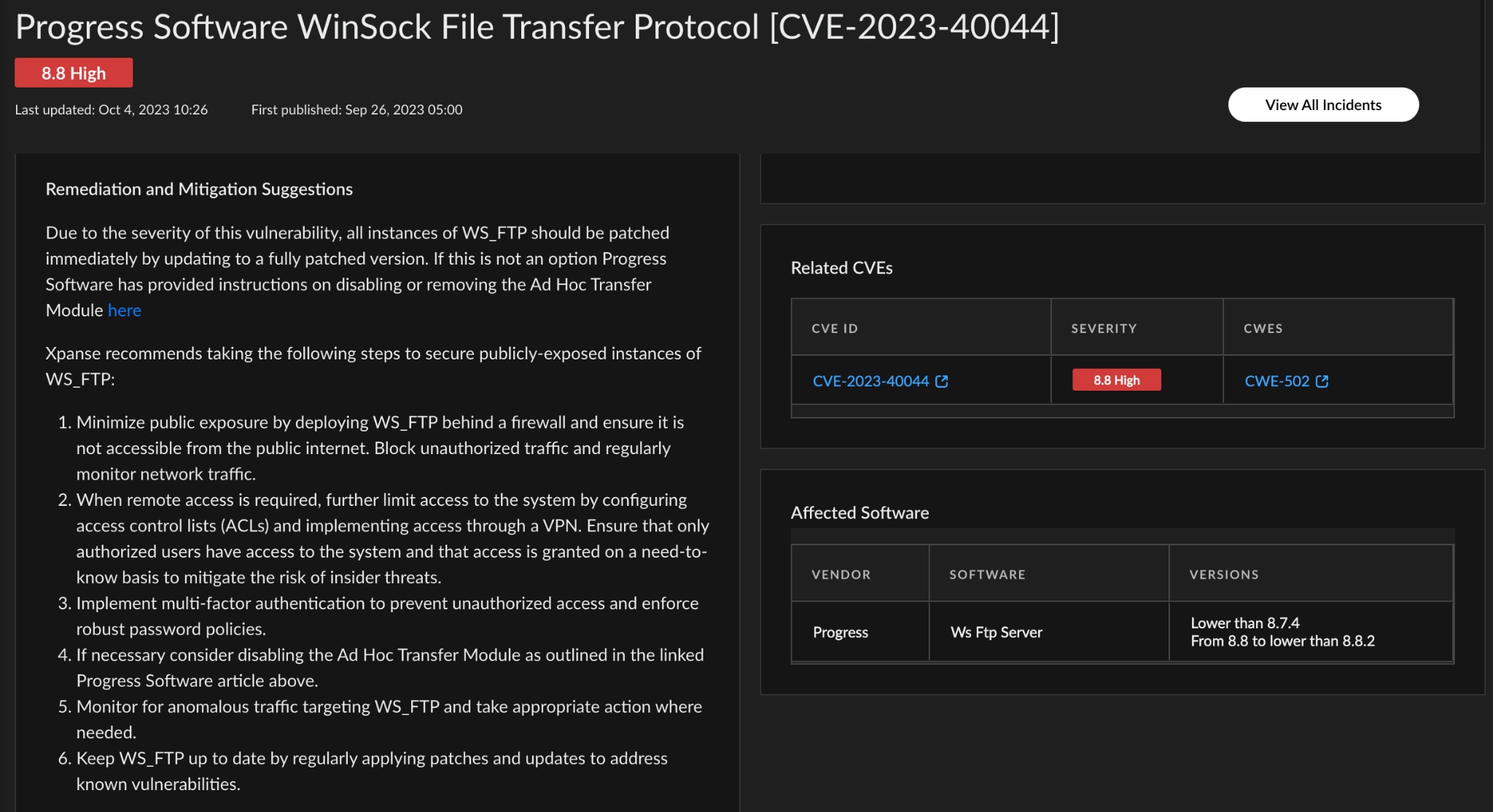 Fig 4: Remediation Guidance and Affected Software for Insecure WinSock File Transfer Protocol (WS_FTP)