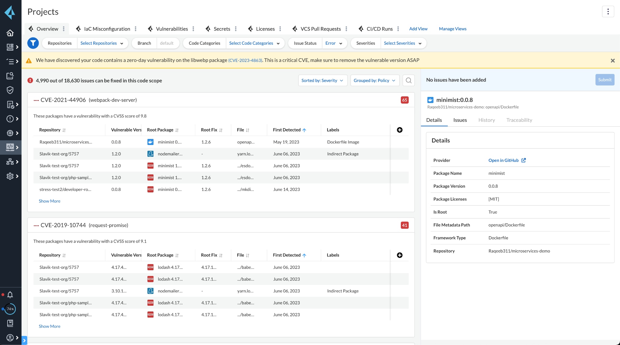 Prisma Cloud’s Projects page, filtered to show the relevant CVEs