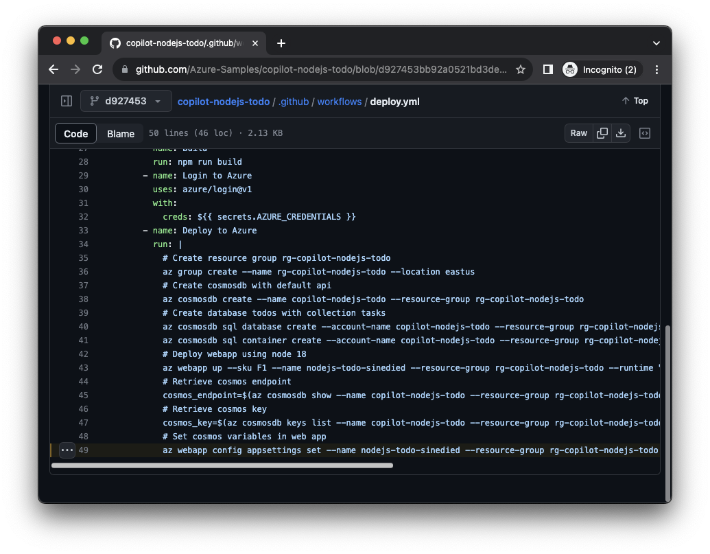 GitHub Actions workflow running an az CLI command