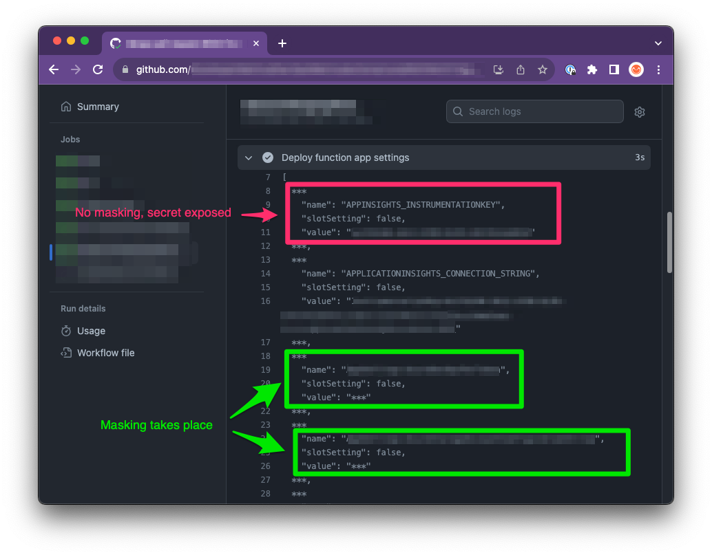 Workflow logs with masking and credentials leakage