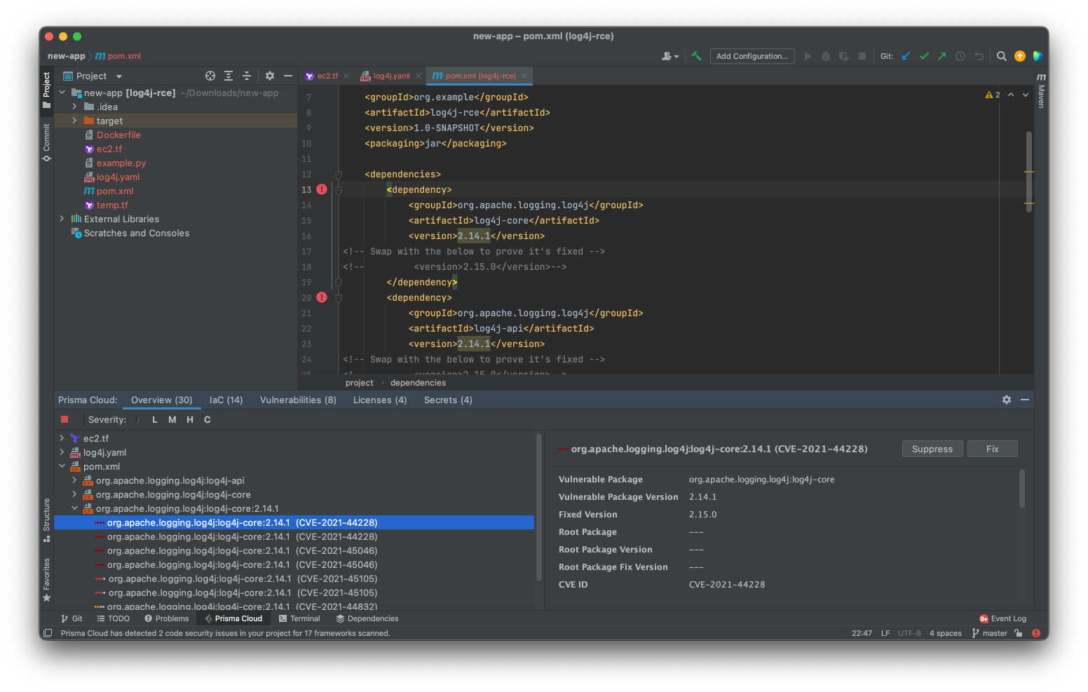 IDE showing vulnerabilities and how to fix them in context