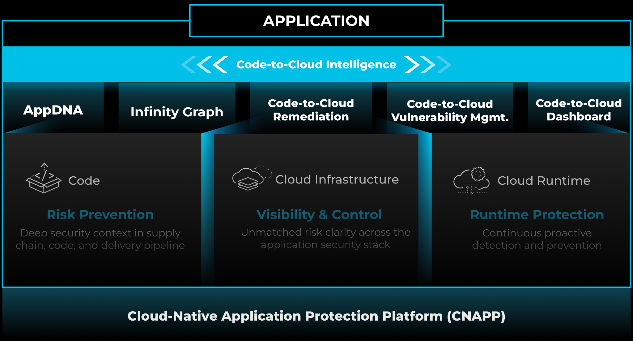 Code-to-Cloud intelligence application, showing AppDNA, Infinity Graphy, Remediation, Vulnerability Mgmt, and the dashboard.
