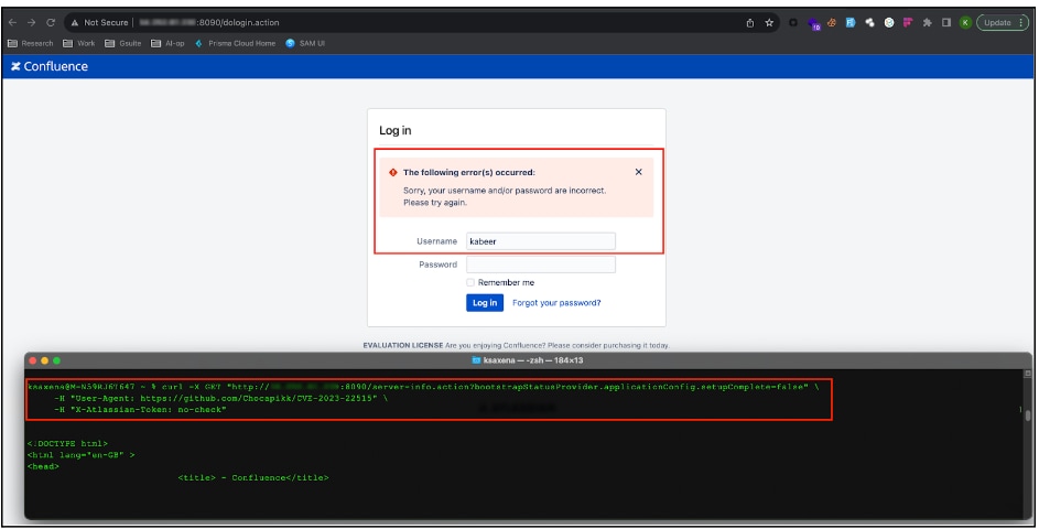 GET request exploit on the vulnerable /server-info.action endpoint, triggering CVE-2023-22515