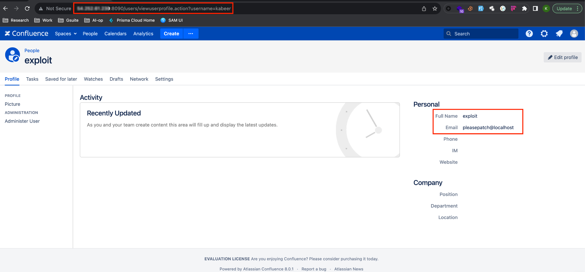 Confluence dashboard under the control of an attacker as an admin user following the exploitation of CVE-2023-22515