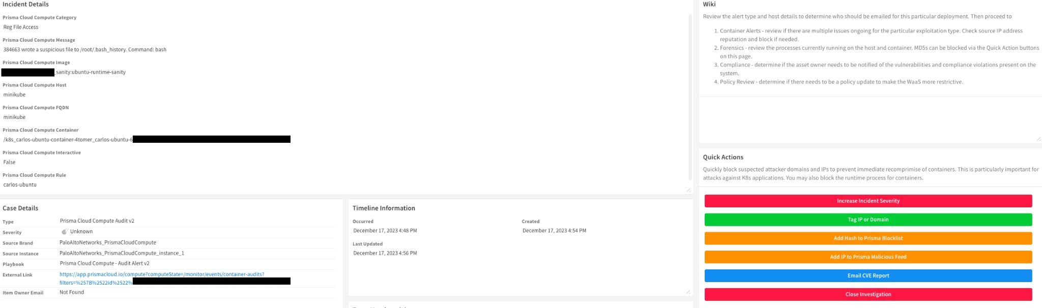 Fig 5: Incident layout with custom Quick Action buttons