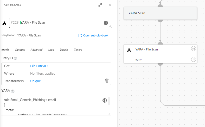 Figure 1: Input YARA file scan into phishing playbook