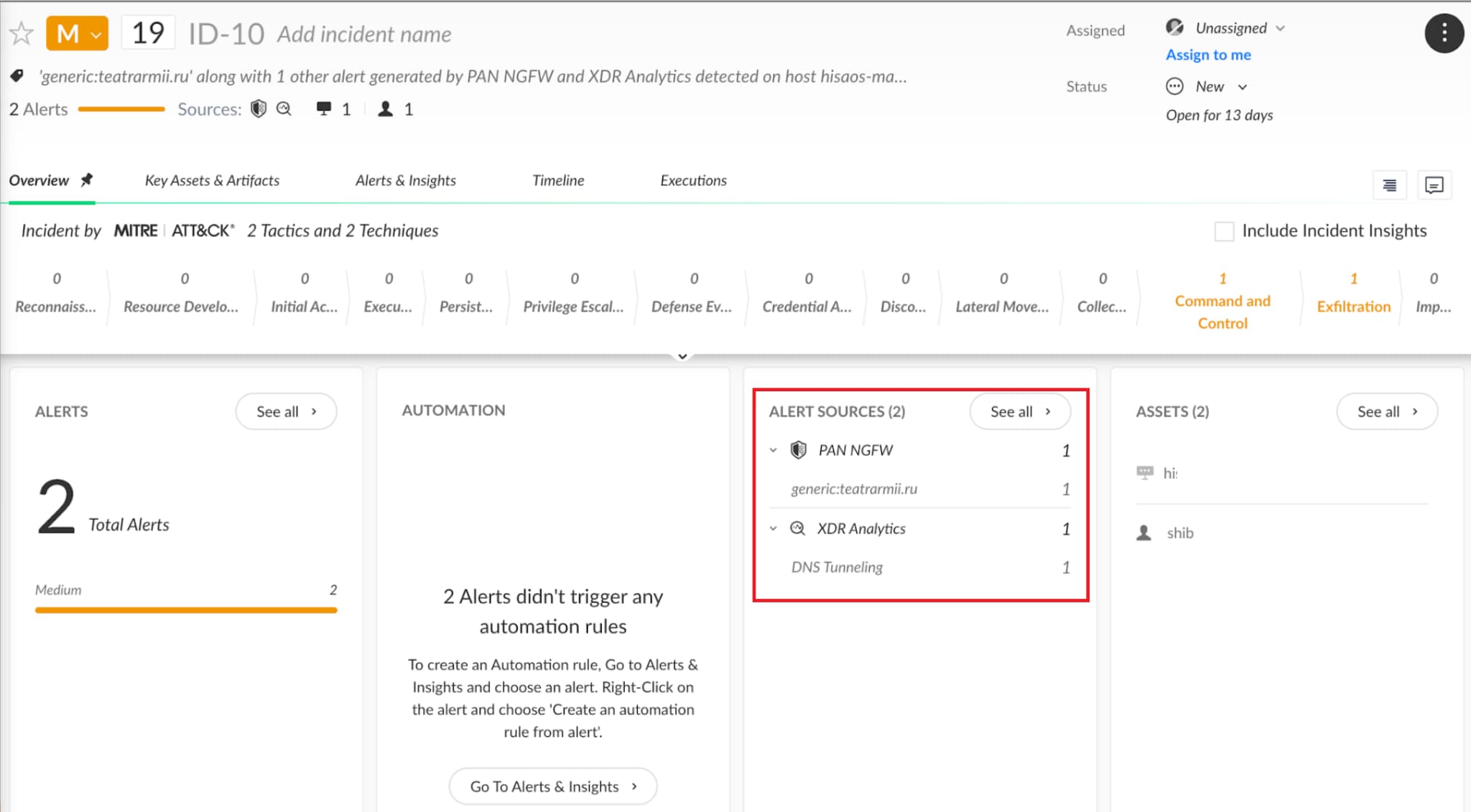 図10. Cortex XDRでインシデントを確認したところ。Prisma Accessからのアラートは「PAN NGFW」として、XDR Analytics からのアラートは「DNS Tunneling」として検出されている 