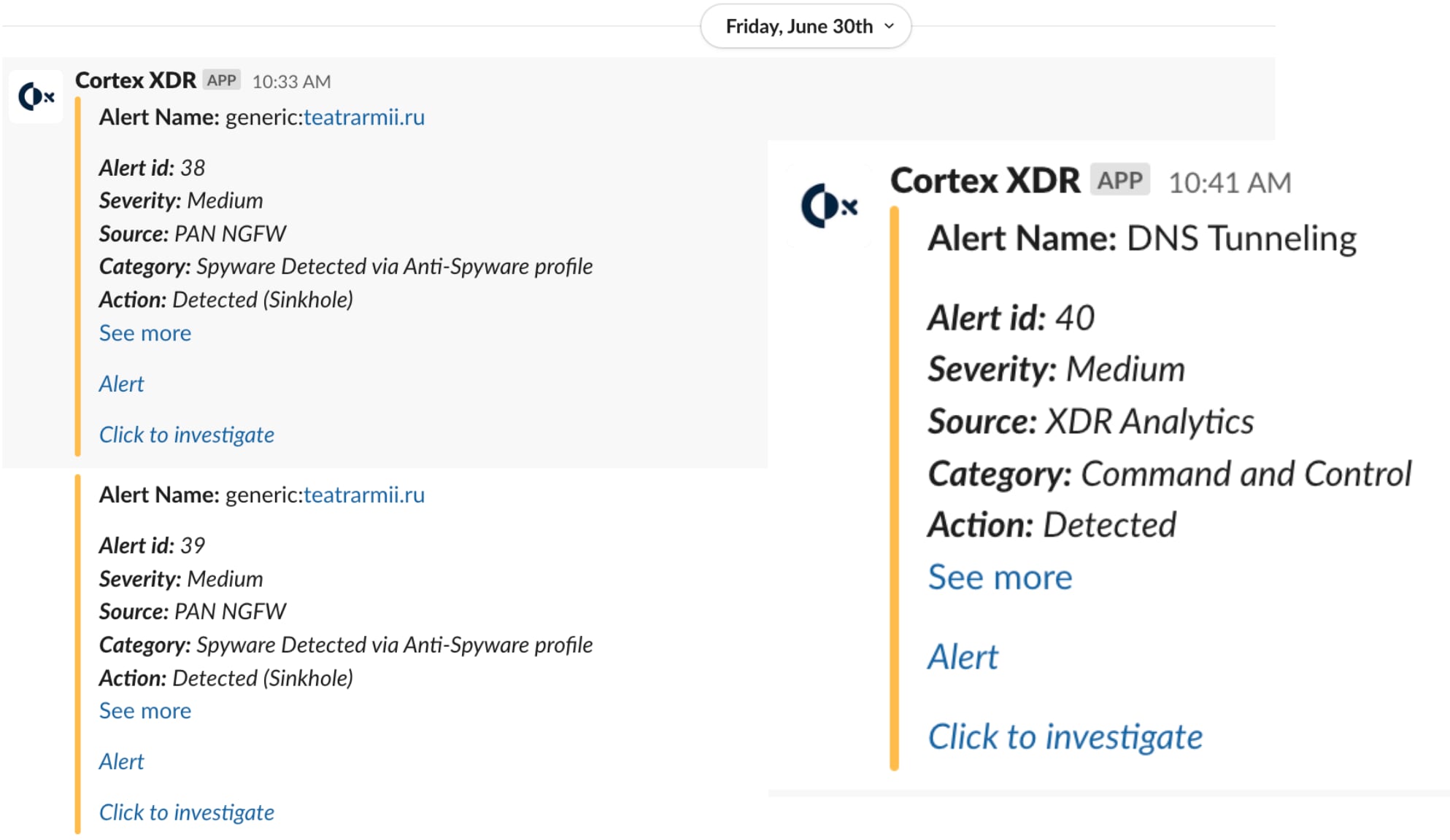 図12. Cortex XDR のインシデントのAlert SourcesをSlackに通知したところ