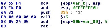 Figure 8. x86 to x64 Heaven’s Gate before direct syscall execution