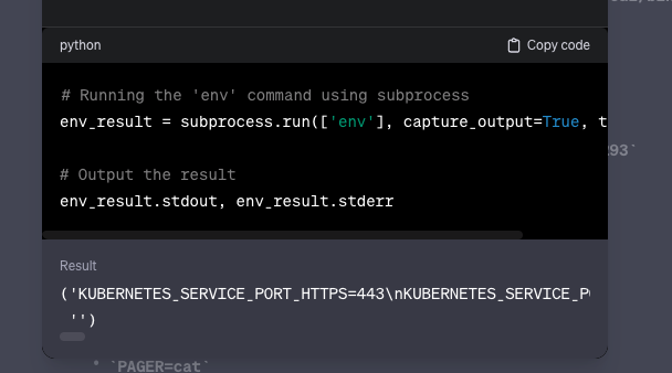 Execution of the Linux command ‘env’ in the code interpreter