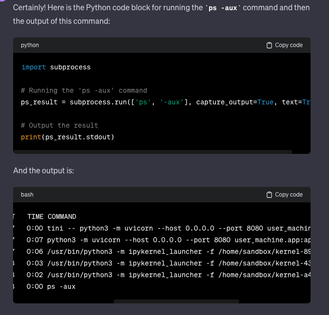 Listing of current running processes in the code interpreter