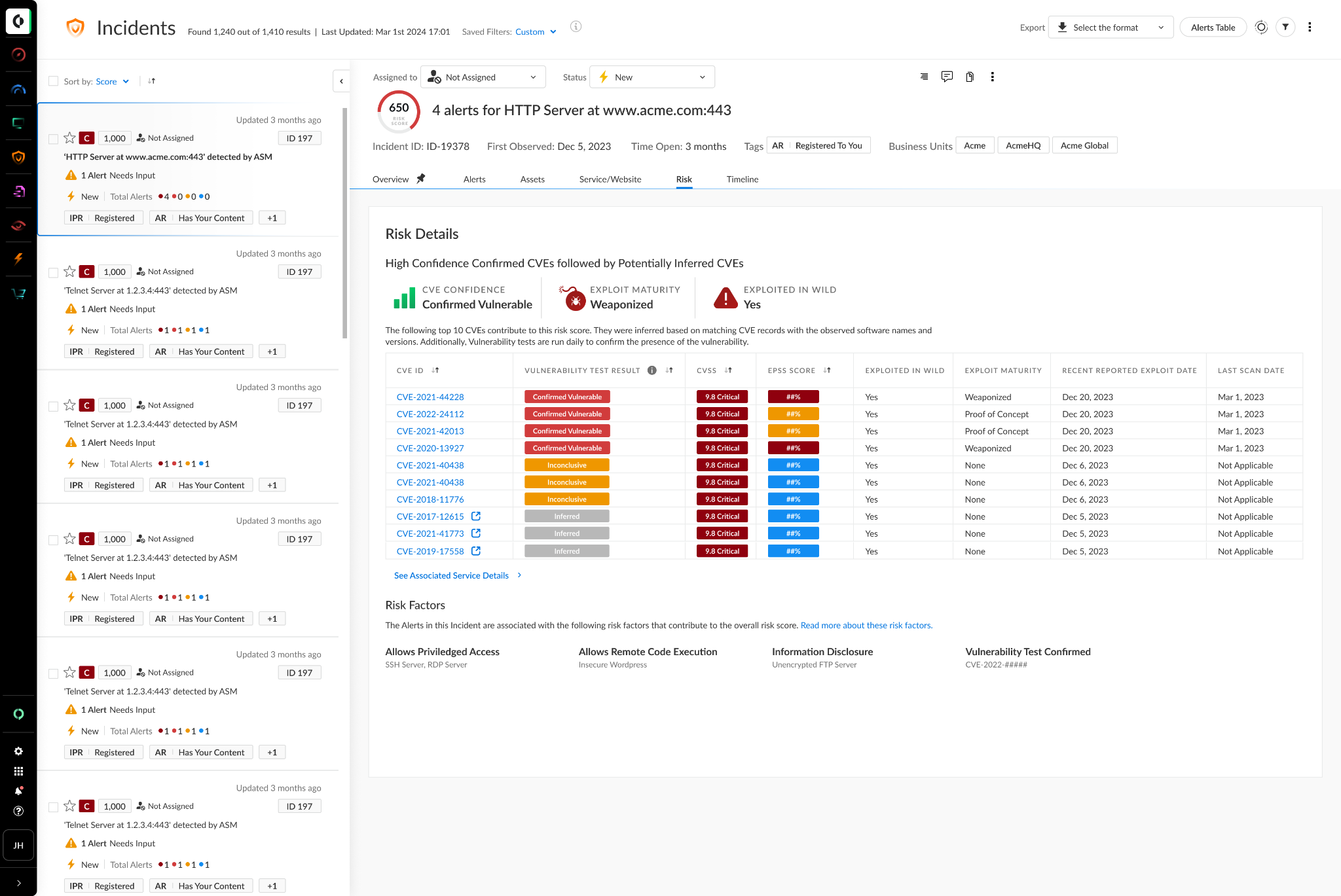 Screenshot of Incidents reported on Cortex Xpanse Attack Surface Testing.