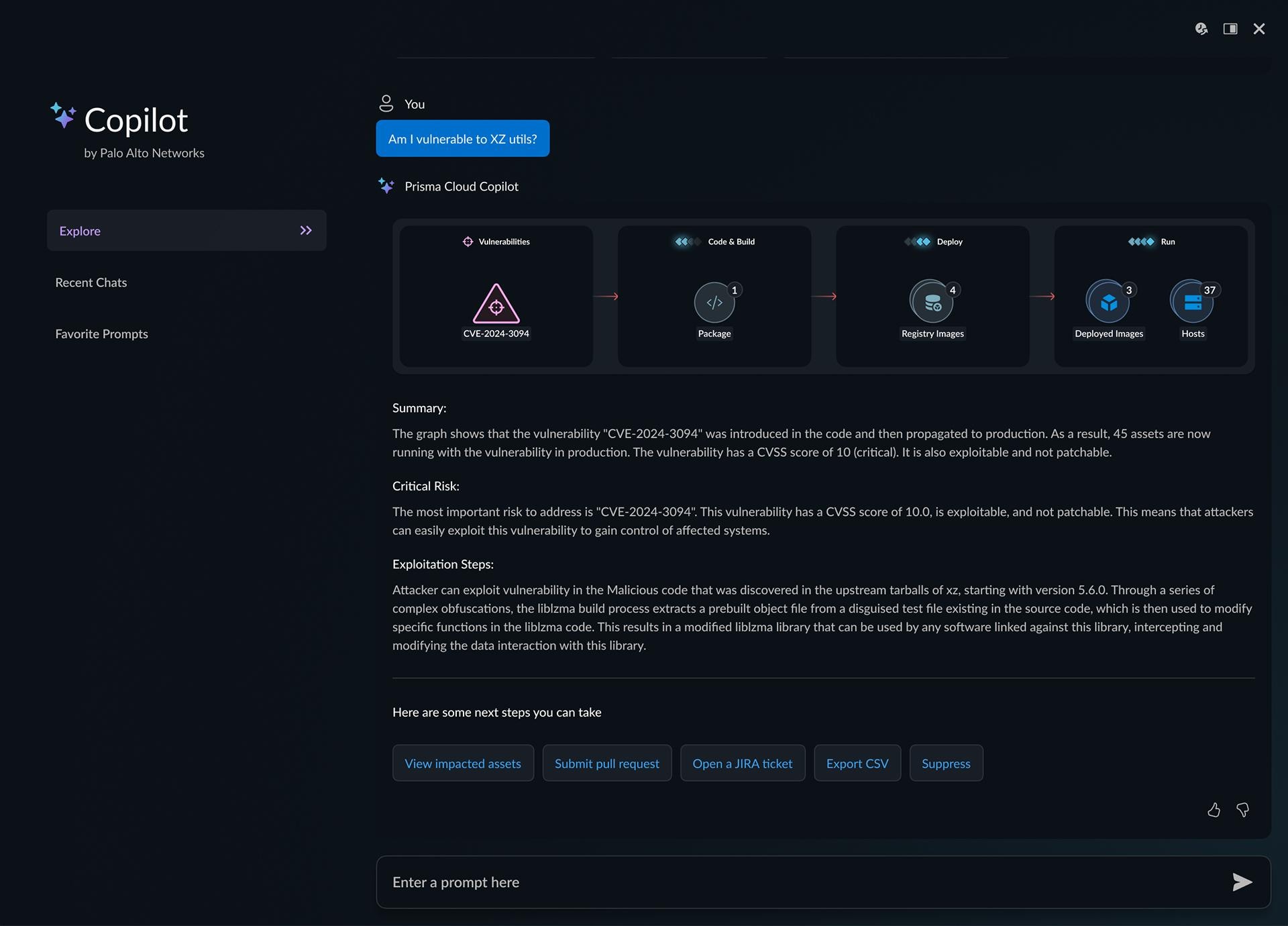 Figure 1: Prisma Cloud Copilot shows the code to cloud impact, details the risk and offers relevant next steps