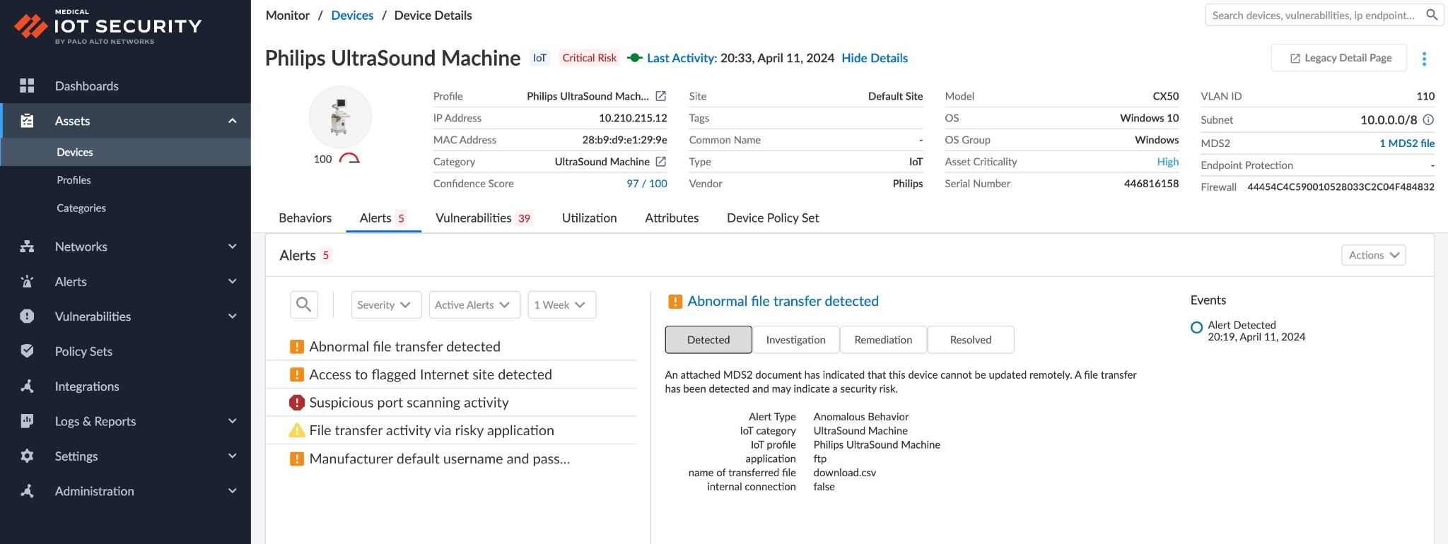  At-a-glance view of Philips Ultrasound Machine on new Device Details page header.