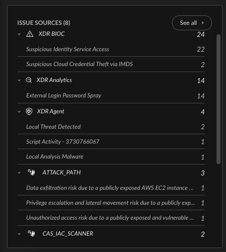 Issue sources reveal the breadth of signal feeding into the investigation — runtime behavior, IAC scan results