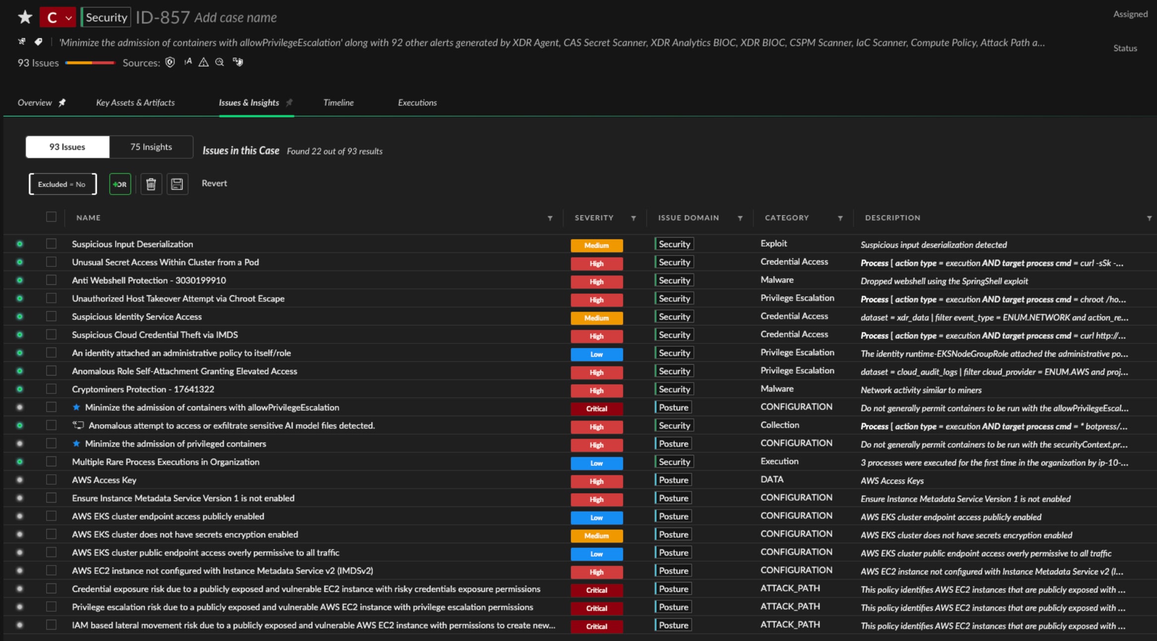 Aggregated Kubernetes attack issues, correlated into a single case