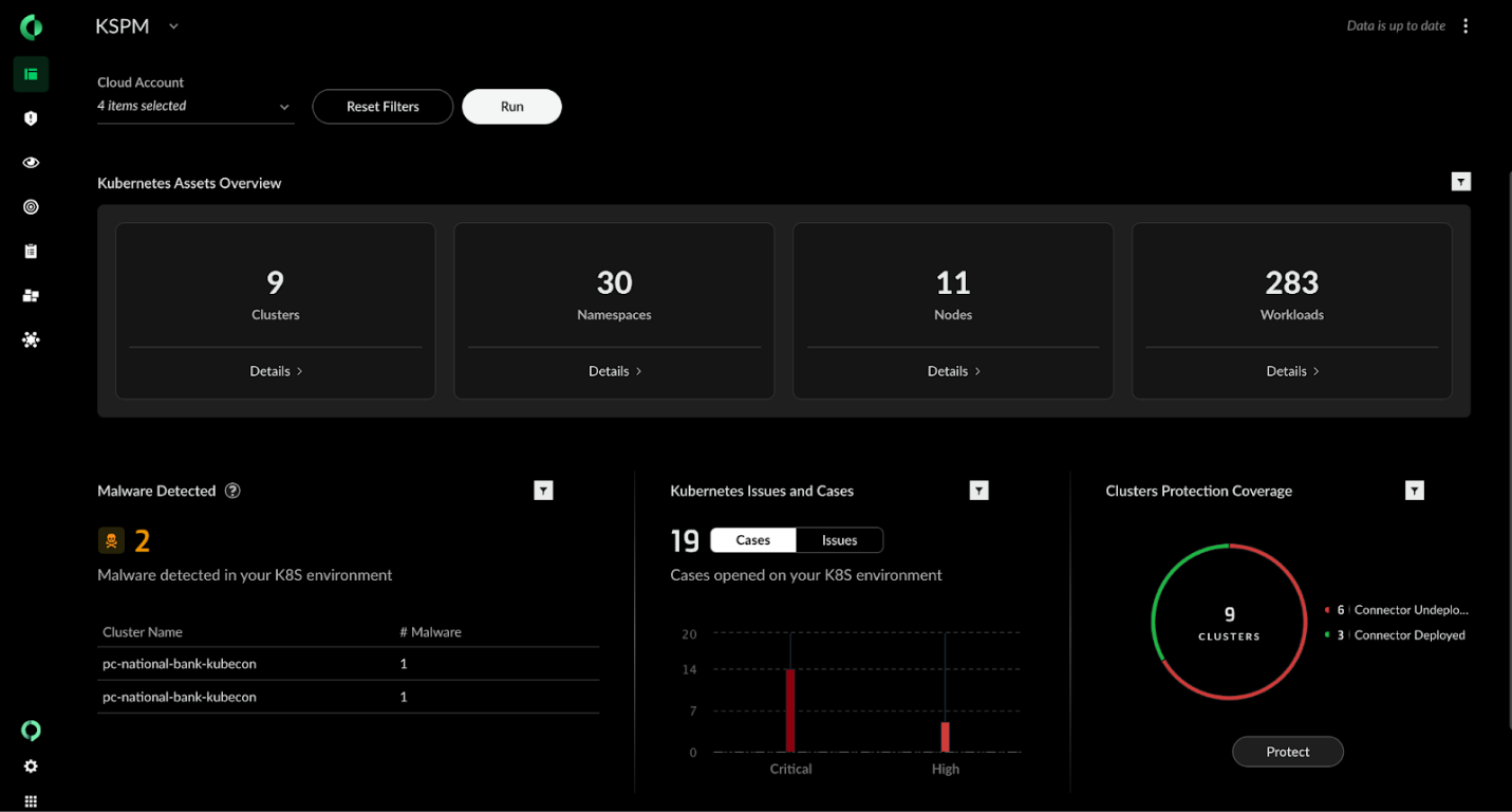 KSPM Dashboard showing live Kubernetes asset inventory with clickable resource views across clusters, namespaces and workloadsomputerAI-generated content may be incorrect.
