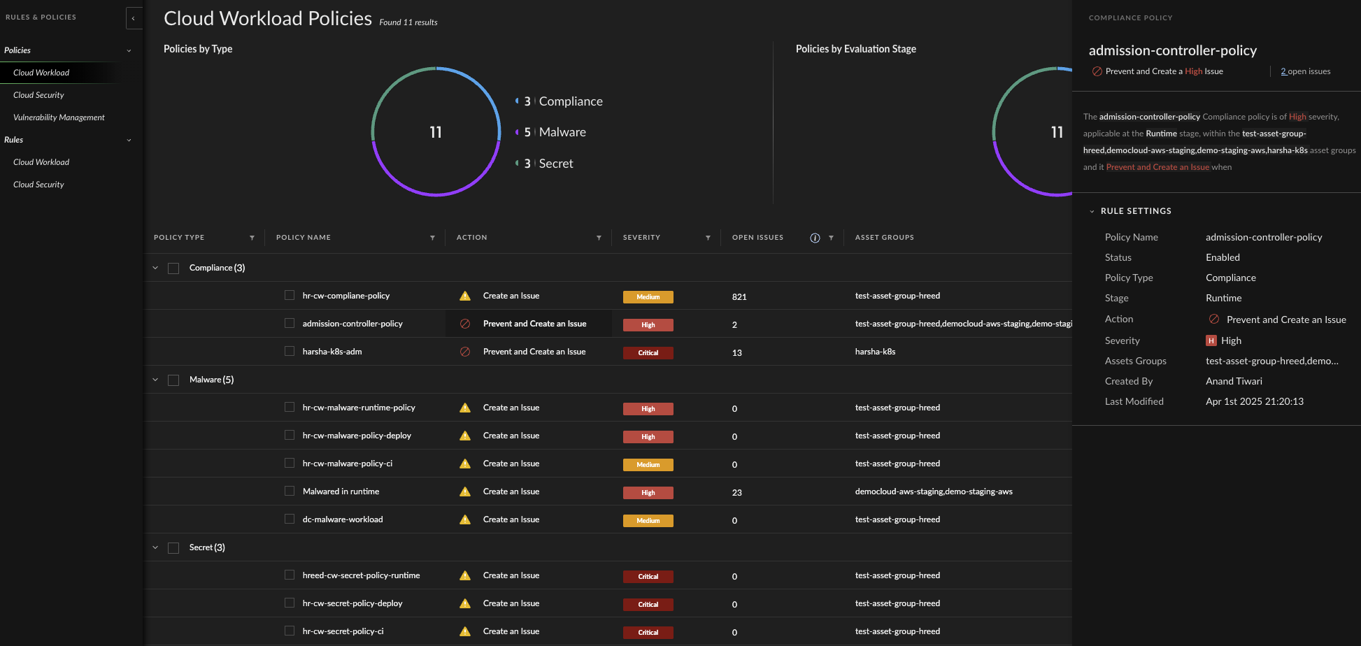 Workload Policies screen showing applied admission controller rules