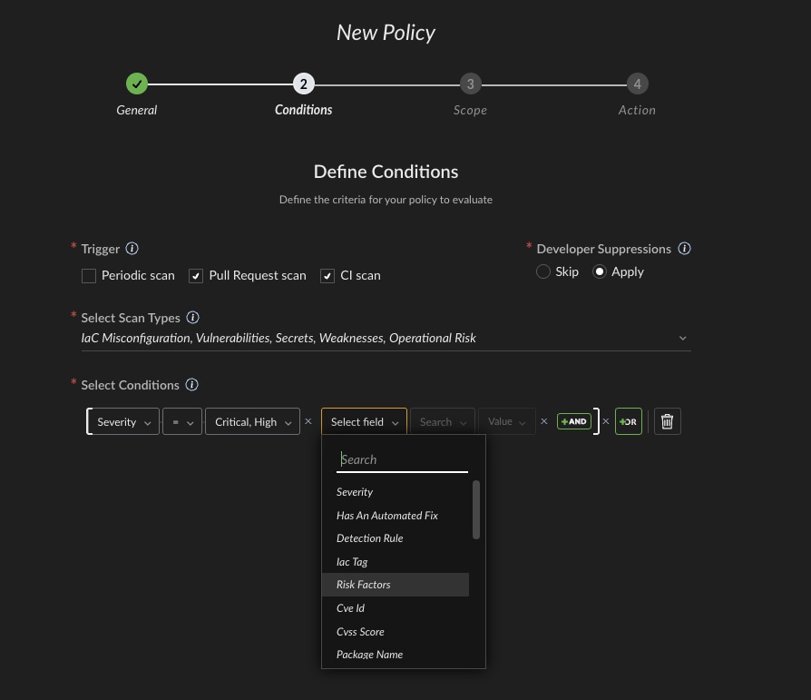 AppSec policy creation view