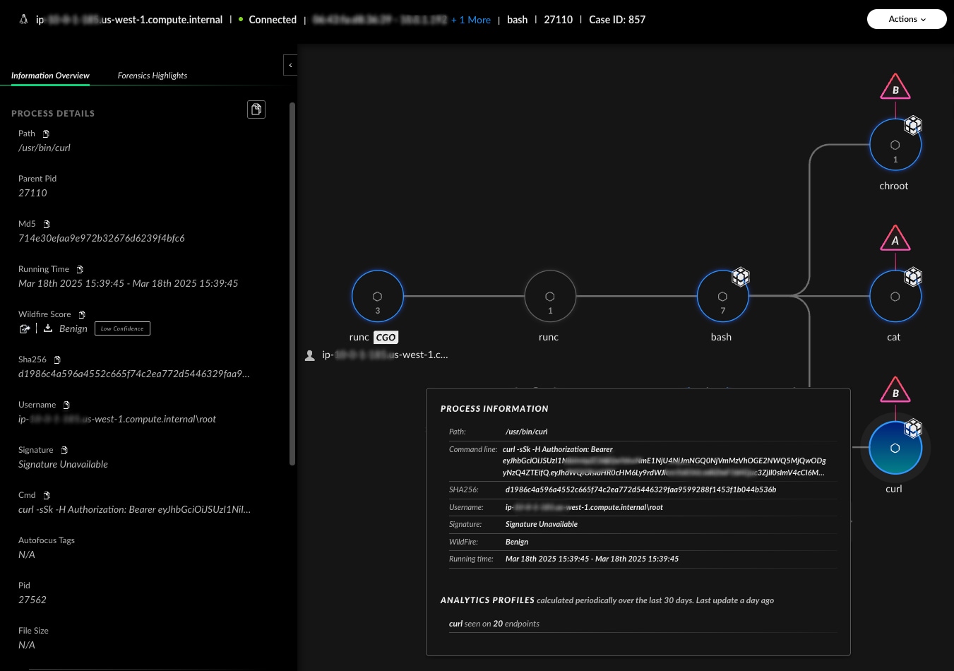 Attacker's commands, compromised container and network activity visualized in sequence