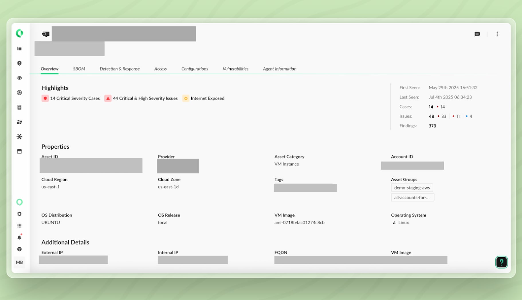 Asset Highlights displaying important asset security risks